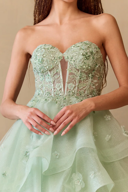 Stunning A-Line Strapless Ruffles Appliques Empire-Waist Long Prom Dress