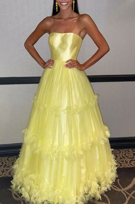 A-Line Strapless Empire-Waist Ruffles Sleeveless Long Prom Dress