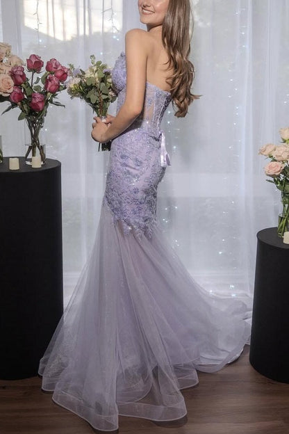Lilac Strapless V-Neck Lace Appliques Mermaid Long Prom Dress with Slit