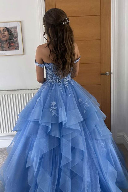 Off-Shoulder V-Neck Lace Appliques Ruffles Long Prom Gown