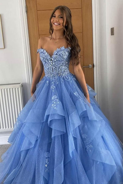 Off-Shoulder V-Neck Lace Appliques Ruffles Long Prom Gown