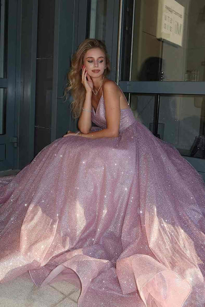 Deep V-Neck Spaghetti Straps A-Line Prom Dress Sleeveless Glitter-Tulle Pleated Party Gowns
