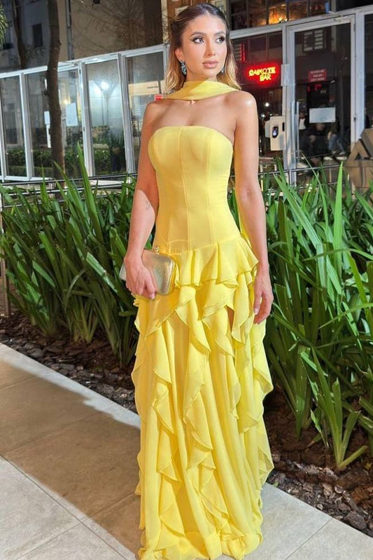 Yellow Strapless A-Line Empire-Waist Ruffles Long Prom Dress