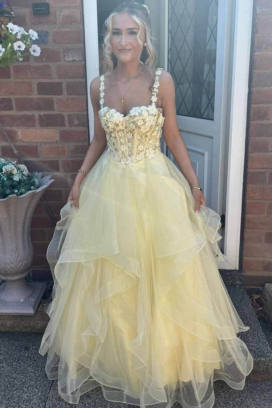 Yellow A-Line Straps Empire-Waist Sweetheart Ruffles  Long Prom Dress