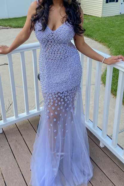 Lilac Straps Beaded V-Neck Mermaid Tulle Long Prom Dress