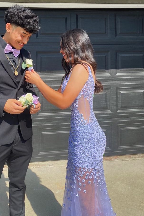 Lilac Straps Beaded V-Neck Mermaid Tulle Long Prom Dress