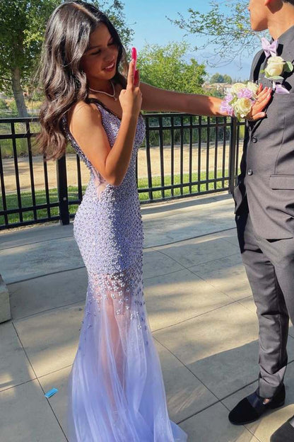 Lilac Straps Beaded V-Neck Mermaid Tulle Long Prom Dress