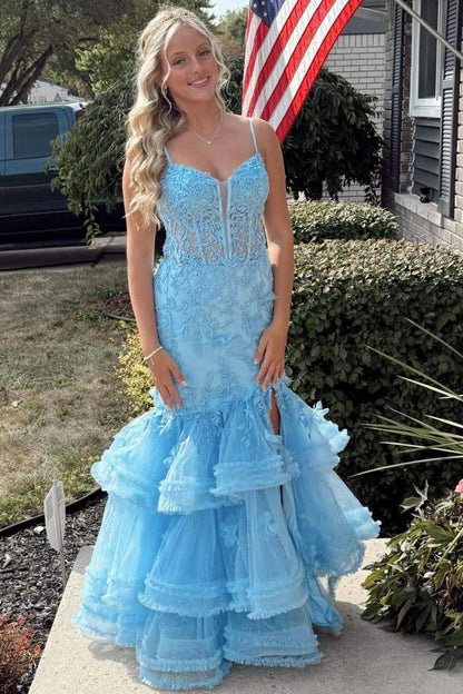 Spaghetti Straps V-Neck Lace Appliques Ruffles Mermaid Prom Dress