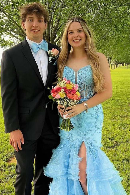 Spaghetti Straps V-Neck Lace Appliques Ruffles Mermaid Prom Dress