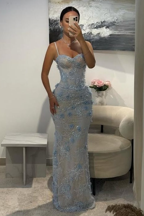 Blue Spaghetti Straps Lace Appliques Sleeveless Mermaid Long Prom Dress
