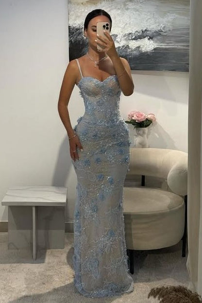 Blue Spaghetti Straps Lace Appliques Sleeveless Mermaid Long Prom Dress
