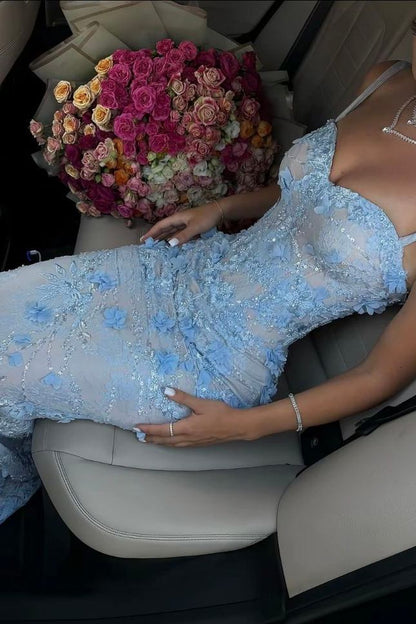 Blue Spaghetti Straps Lace Appliques Sleeveless Mermaid Long Prom Dress