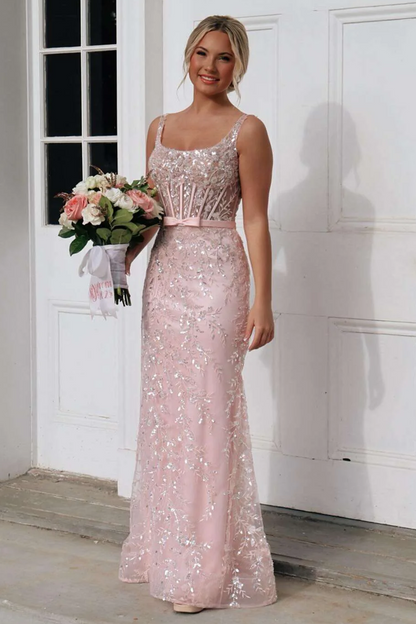 Pink Straps Square Appliques Sleeveless Mermaid Long Prom Dress