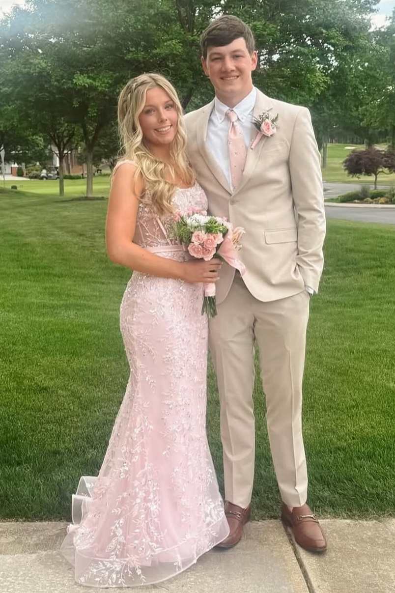 Pink Straps Square Appliques Sleeveless Mermaid Long Prom Dress