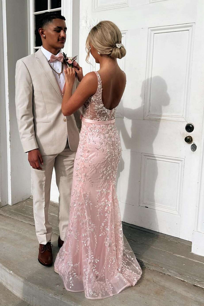 Pink Straps Square Appliques Sleeveless Mermaid Long Prom Dress