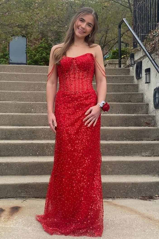Stunning Off-Shoulder Glitter Mermaid Sequins Sleeveless Long Prom Dress