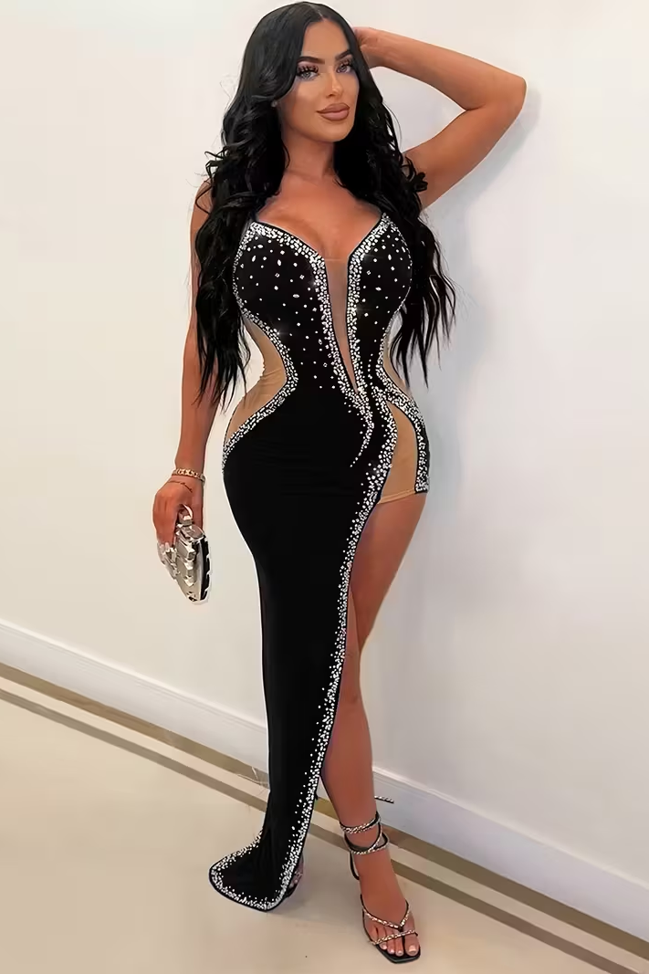 Black Illusion Strapless Beads V-Neck High Slit Prom Evening Dress