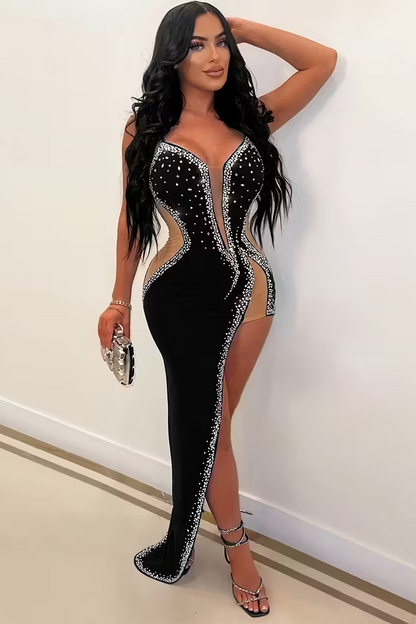 Black Illusion Strapless Beads V-Neck High Slit Prom Evening Dress