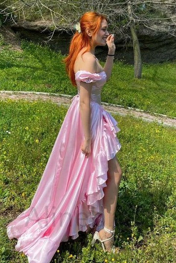 Pink Off-Shoulder Satin High-Low Prom Dress with Ruffled Hem