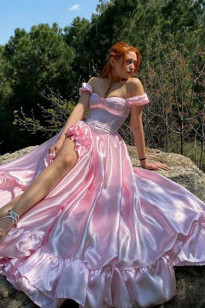 Pink Off-Shoulder Satin Ruffles Empire-Waist A-Line Long Prom Dress