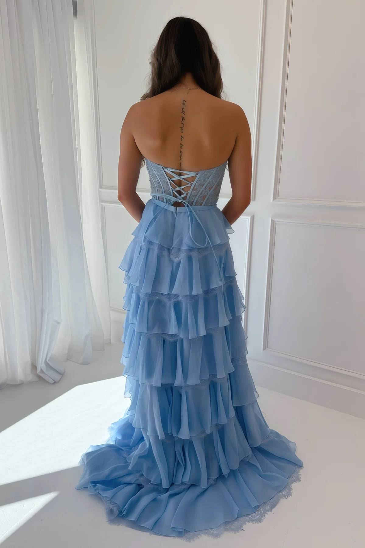 Strapless A-Line V-Neck Tiered Ruffles Lace Appliques Prom Dress with Slit