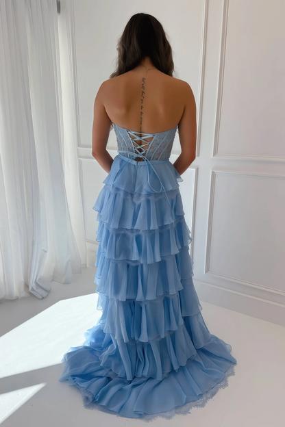Strapless A-Line V-Neck Tiered Ruffles Lace Appliques Prom Dress with Slit