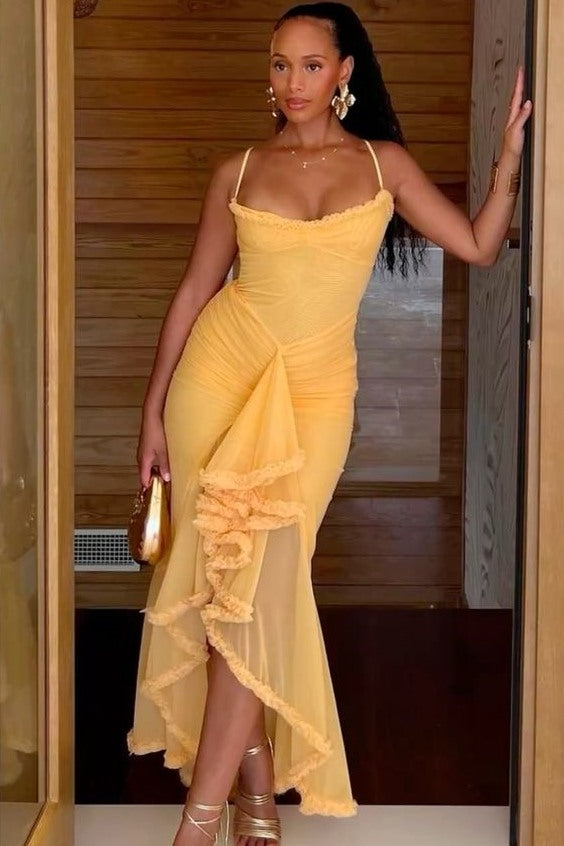 Spaghetti Straps Ruffles Sleeveless Tulle Long Party Prom Dress