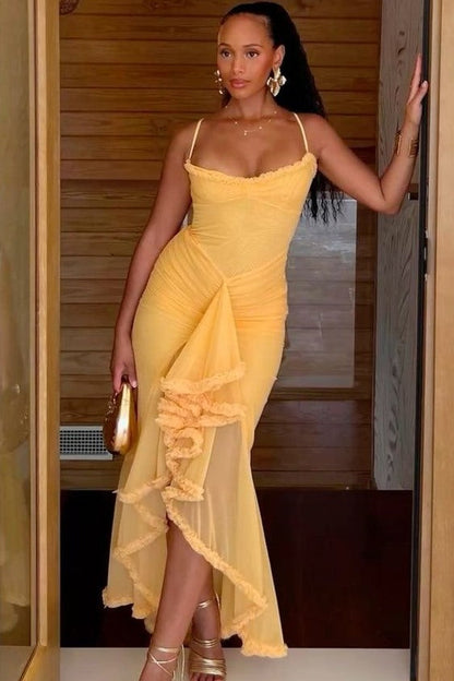 Spaghetti Straps Ruffles Sleeveless Tulle Long Party Prom Dress