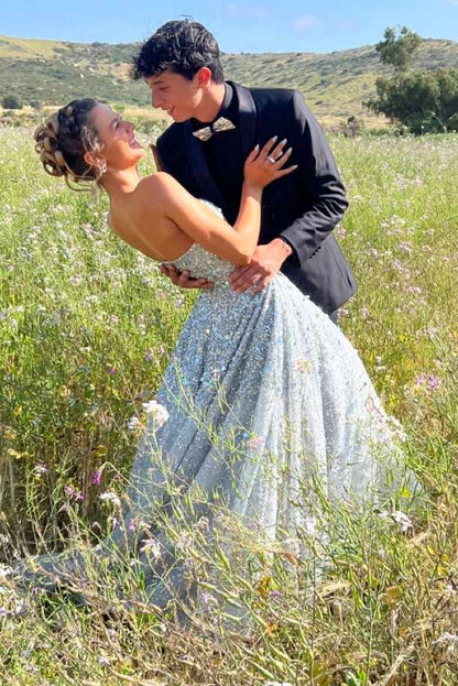 Sparkly A-Line Empire-Waist Strapless Sleeveless Long Prom Dress