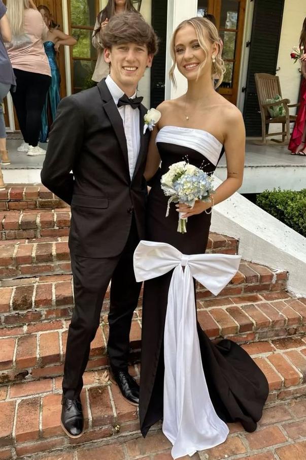 Classy Black&White Strapless Scoop Neck with Bow Prom Dress with Slit