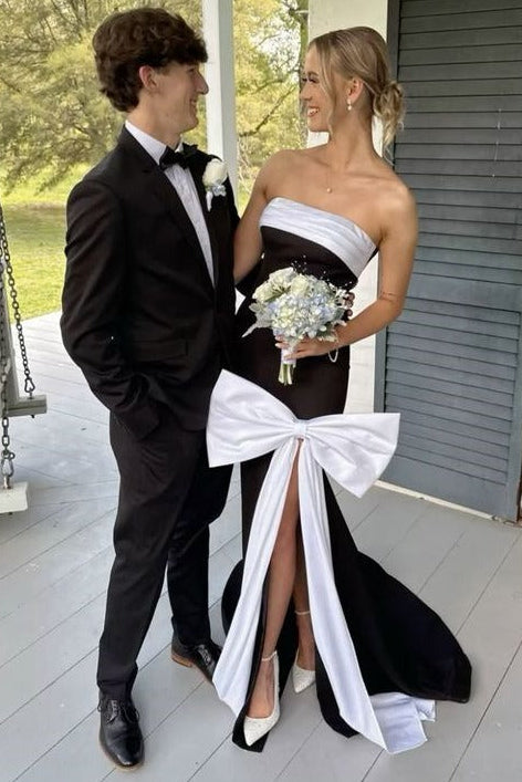 Classy Black&White Strapless Scoop Neck with Bow Prom Dress with Slit