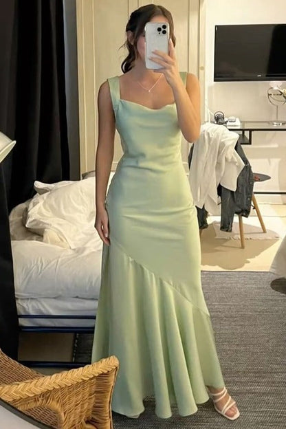 Classy Straps Cowl Neck Satin Pleats Sleeveless Long Prom Dress