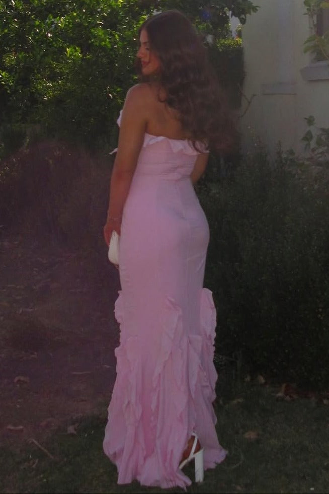 Pink Halter Ruffles Sleeveless Mermaid Long Party Prom Dress