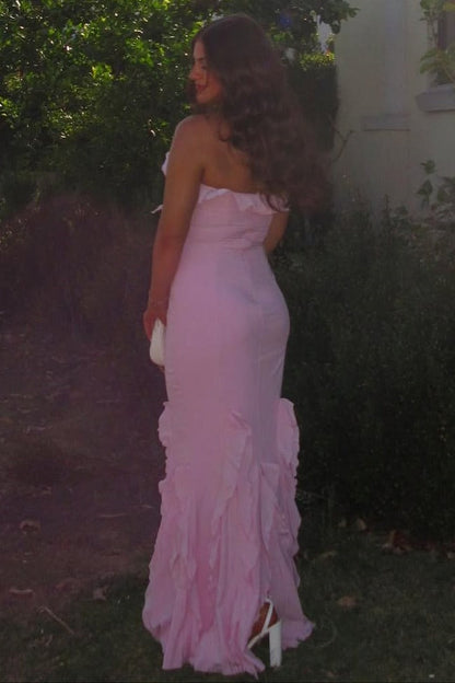 Pink Halter Ruffles Sleeveless Mermaid Long Party Prom Dress