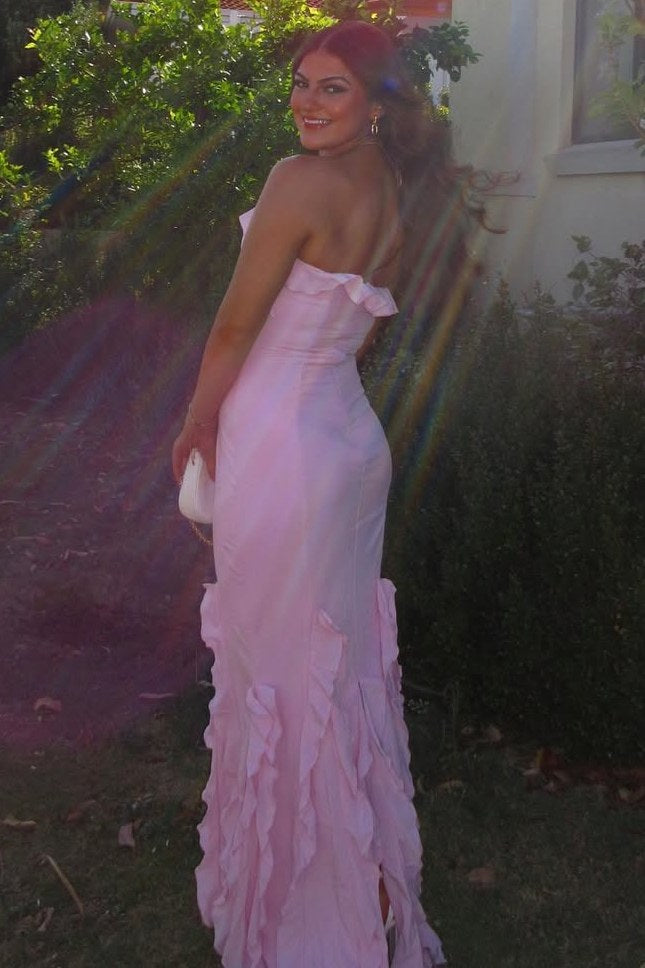 Pink Halter Ruffles Sleeveless Mermaid Long Party Prom Dress