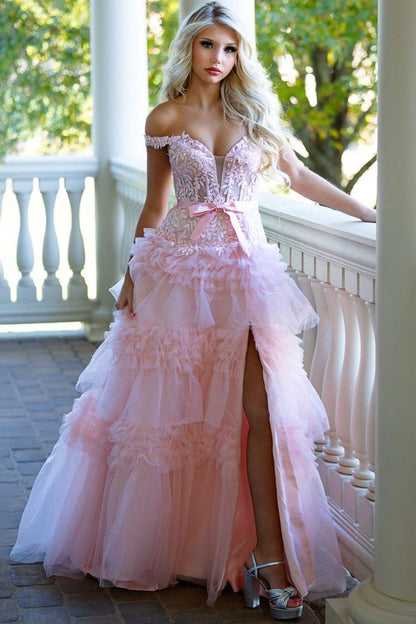 Pink V-Neck Ruffles Tulle A-Line Empire-Waist Long Prom Dress