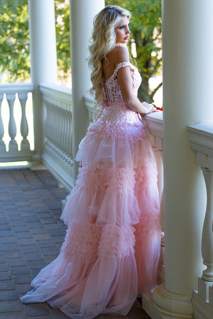 Pink V-Neck Ruffles Tulle A-Line Empire-Waist Long Prom Dress