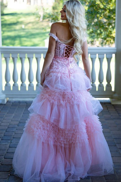 Pink V-Neck Ruffles Tulle A-Line Empire-Waist Long Prom Dress