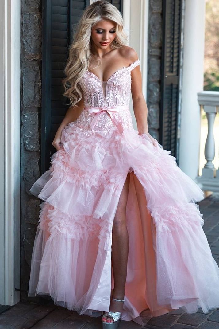 Pink V-Neck Ruffles Tulle A-Line Empire-Waist Long Prom Dress