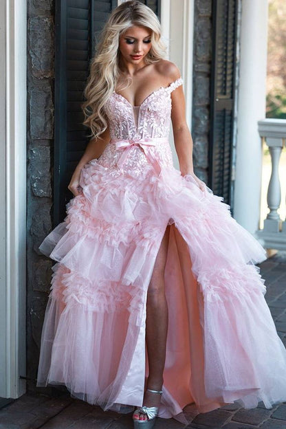 Pink V-Neck Ruffles Tulle A-Line Empire-Waist Long Prom Dress