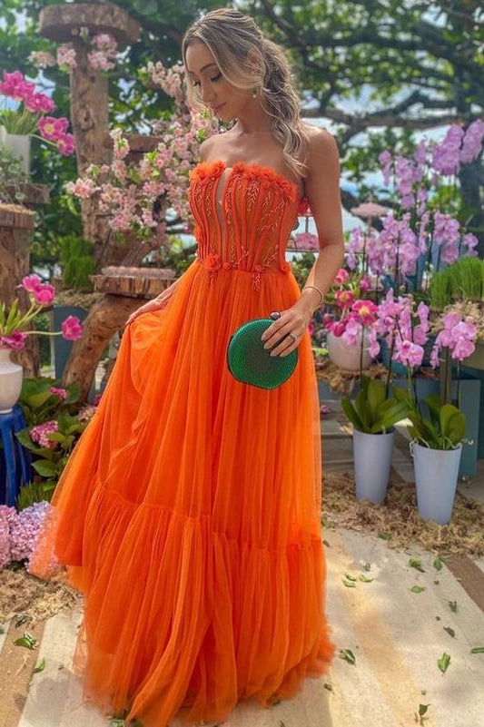 Orange A-Line Empire-Waist Sleeveless Tulle Long Formal Prom Dress