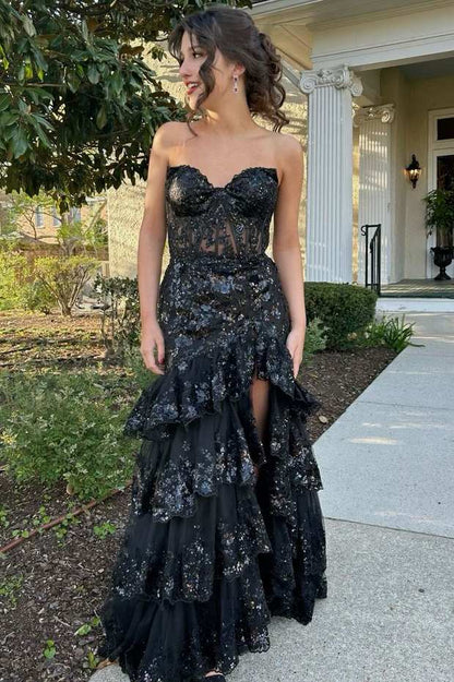 Black Strapless Ruffles Sequins Appliques Sleeveless Long Prom Dress with Slit