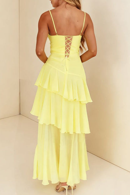 Yellow Spaghetti Straps Layered Sleeveless Long Party Prom Dress