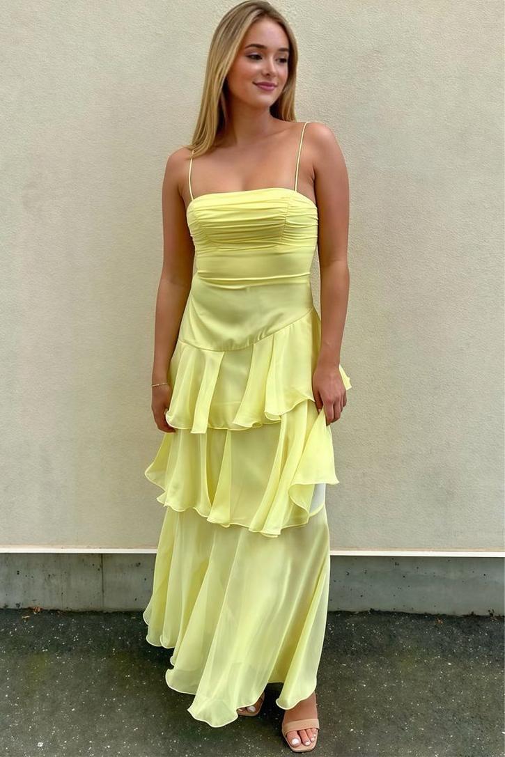 Yellow Spaghetti Straps Layered Sleeveless Long Party Prom Dress