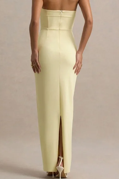 Yellow Strapless Bows Satin Sleeveless Long Prom Party Dress