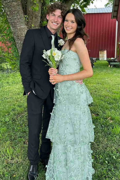 Green A-Line Strapless Tiered Appliques Sleeveless Long Prom Dress