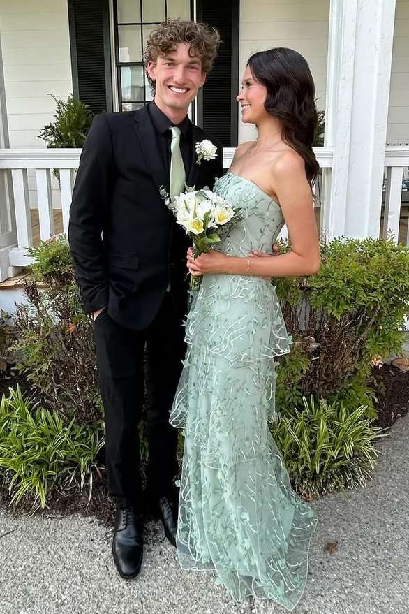 Green A-Line Strapless Tiered Appliques Sleeveless Long Prom Dress