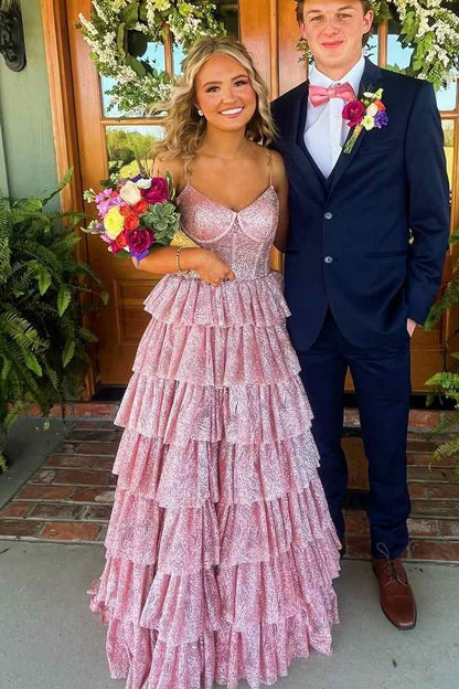 Gorgeous Spaghetti Straps Tiered Glitter A-Line Empire-Waist Long Prom Dress