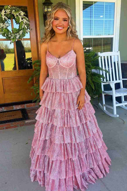 Gorgeous Spaghetti Straps Tiered Glitter A-Line Empire-Waist Long Prom Dress