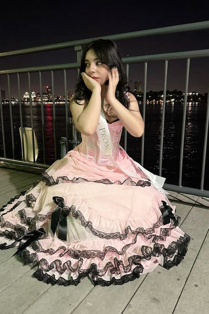 Vintage Strapless A-Line Empire-Waist with Black Lace Ruffles Long Prom Dress